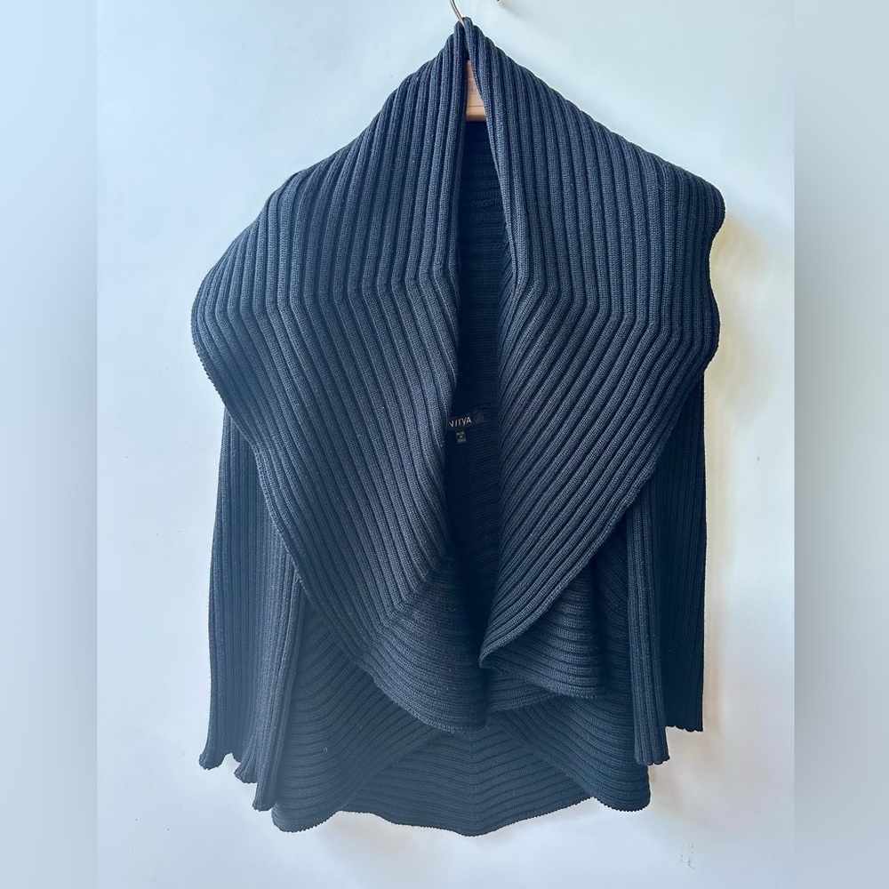 100% Merino Italy Nitya Elegant Black Ribbed Open Front Cardigan Sweater, L